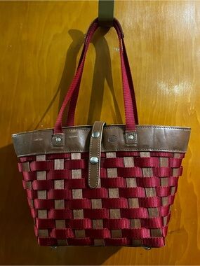 Longaberger Red and Brown Woven basket Tote with Leather Trim